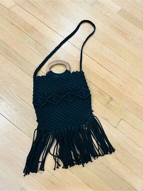 Danielle Nicole Black Macramé Fringe Crossbody Bag with Wooden Handles